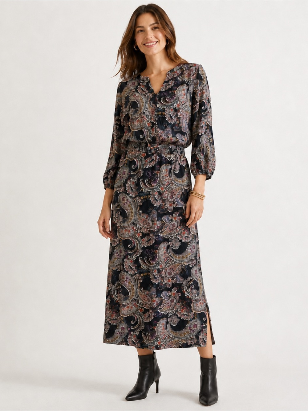 J. Jill Navy Blue Radiant Paisley Smocked Midi Dress Boho Chic Large NWT